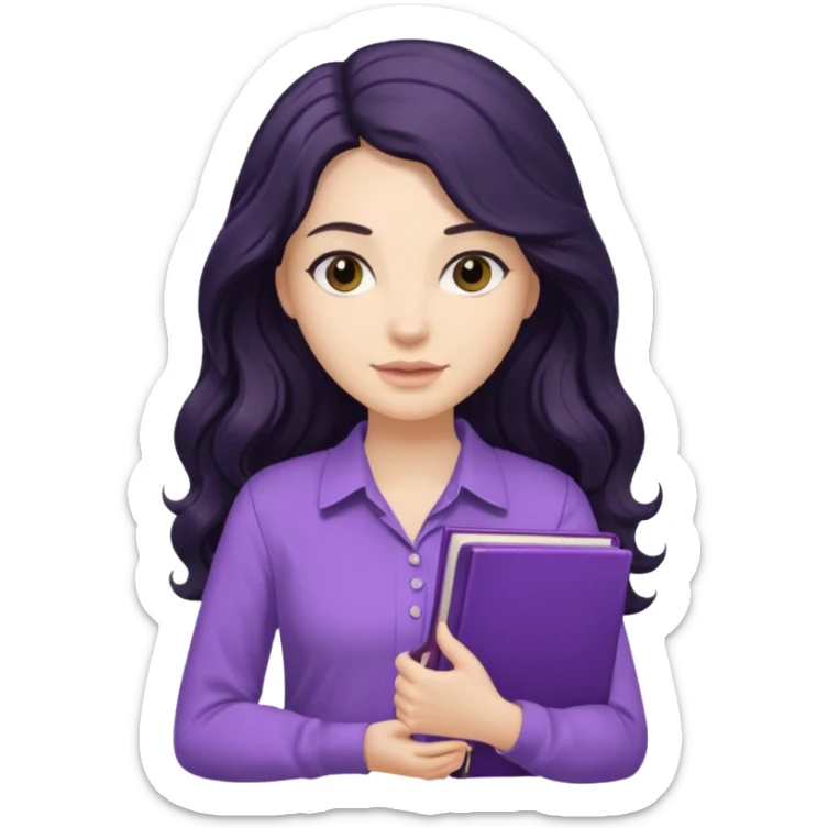 Long Hair Women with Black wavy hair, with purple Book, beige shir, without background sticker