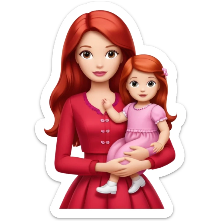 A barbie girl with makeup with brown hair long with a baby, a daughter, a girl with red hair, holding her hand in red clothes sticker