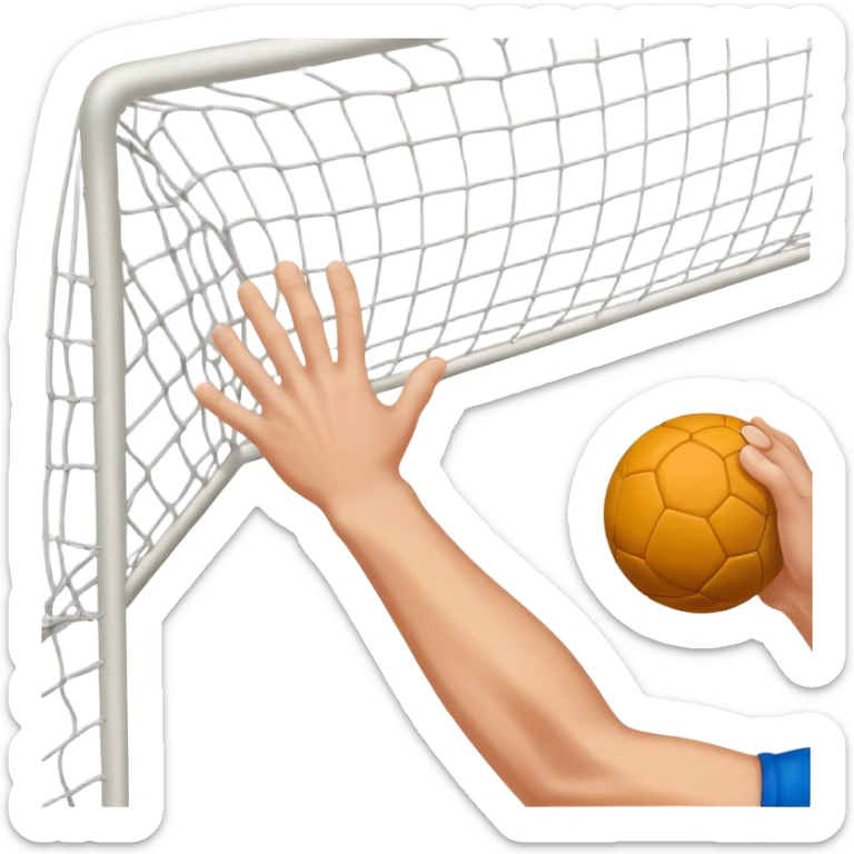 A close-up of a hand gripping a handball, with the handball gates visible in the background. The focus is on the texture of the ball and the strength of the grip, with the goal net slightly blurred to emphasize the anticipation of the throw. sticker
