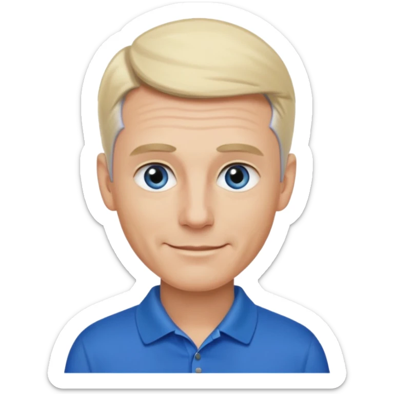 Avatar pic male gray hair blue eyes clean shaven blonde eyebrows high cheekbones sly smile long eyelashes wearing a black golf shirt sticker