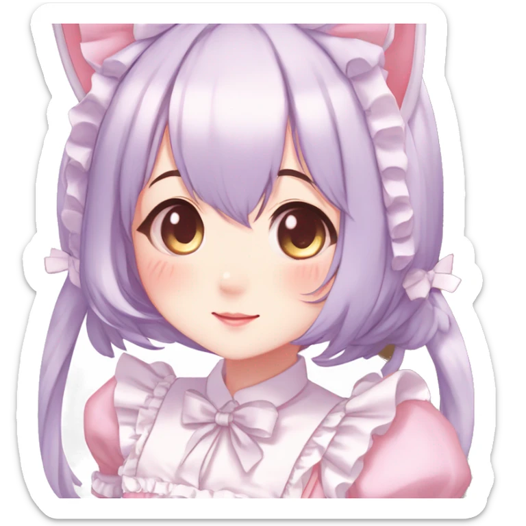 Gorgeous anime style catgirl blushing face maid outfit Lolita idol model colorful shiny sparkle kawaii pastelcore cottagecore pearly petite simplistic aesthetic trending style sticker