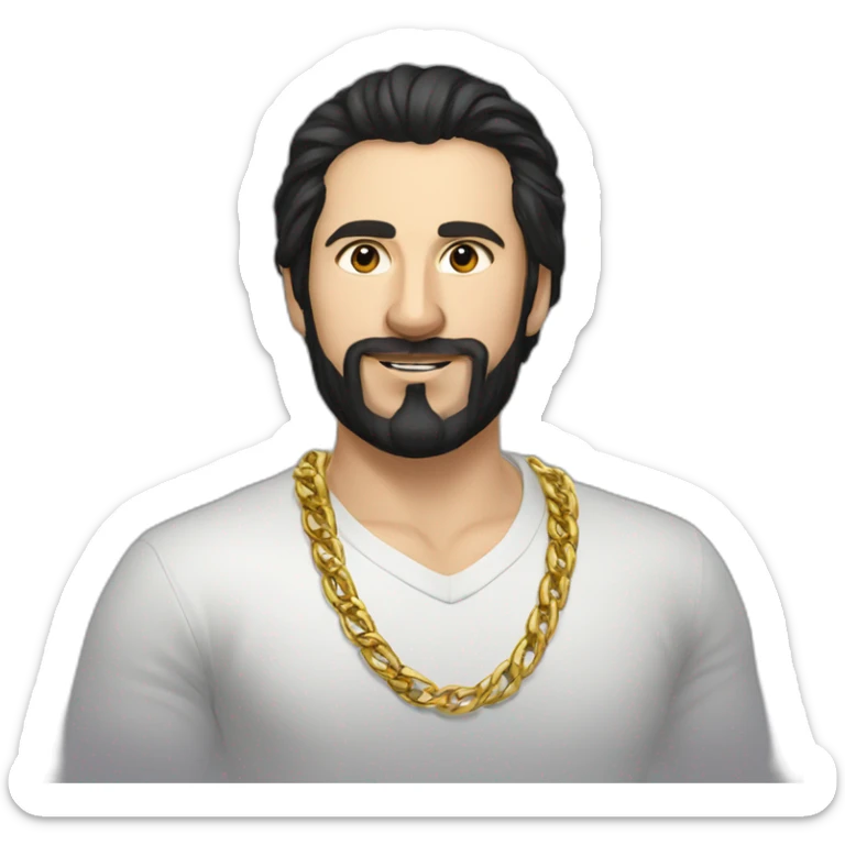 Russian hench man aged 30 wearing gold chain with black hair and short beard sticker