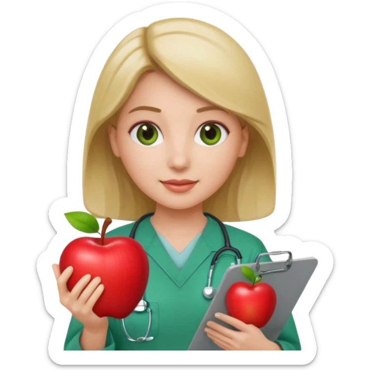 female neurosurgeon in scrubs holding clipboard, apple emoji style sticker