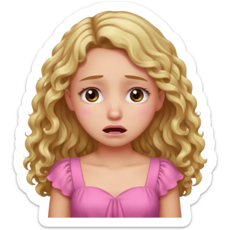the girl is that criying she has brown eyes and blond long hair curly pink dress  sticker