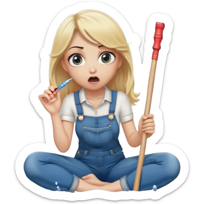 blond woman sitting on her knees with wide eyes, a human in jeans stands next to her, she's holding a wide skin-colored stick with a D-shaped knob, the stick and the nob have skin texture, water squirting from the knob into her mouth, shocked face sticker