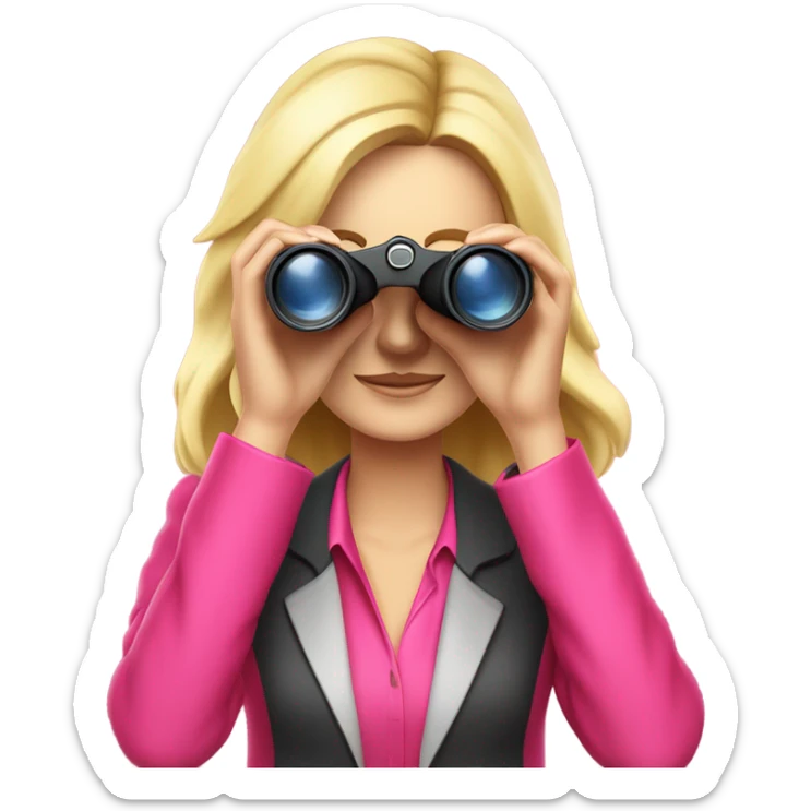 white female employee with pretty face and loose blonde hair wearing intensive color pink suit looking in binoculars. Upper-body only. Looking straight in front of camara sticker