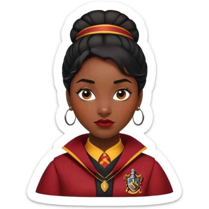 Angelina Johnson in harry potter, wear hogwarts gryfindor uniform,  thick, black bun hair , reflecting her bold, stylish, and strong personality sticker