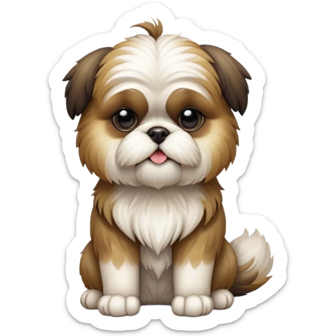 cinematic-[Shish tzu]-realistic-full-body-sitting-emoji,-tail-resting-loosely-beside-its-paws,-head-tilted-dramatically, -scruffy-fur,-simplified-yet-realistic-focused-features,-highly-detailed,-glowing-with-an-almost-sarcastic-glow sticker