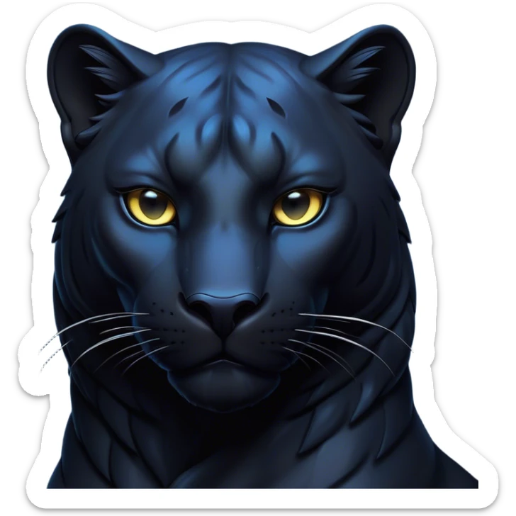 Cinematic Noble Panther Portrait Emoji, Poised and regal, with a sleek, muscular build draped in glossy, midnight-black fur and piercing, luminescent eyes, Simplified yet sharp and sophisticated features, highly detailed, glowing with a soft, mysterious glow, high shine, intelligent and enigmatic, stylized with an air of stealthy authority, focused and commanding, soft glowing outline, capturing the essence of a watchful and confident jungle guardian that appears ready to prowl out of the screen with effortless authority! sticker