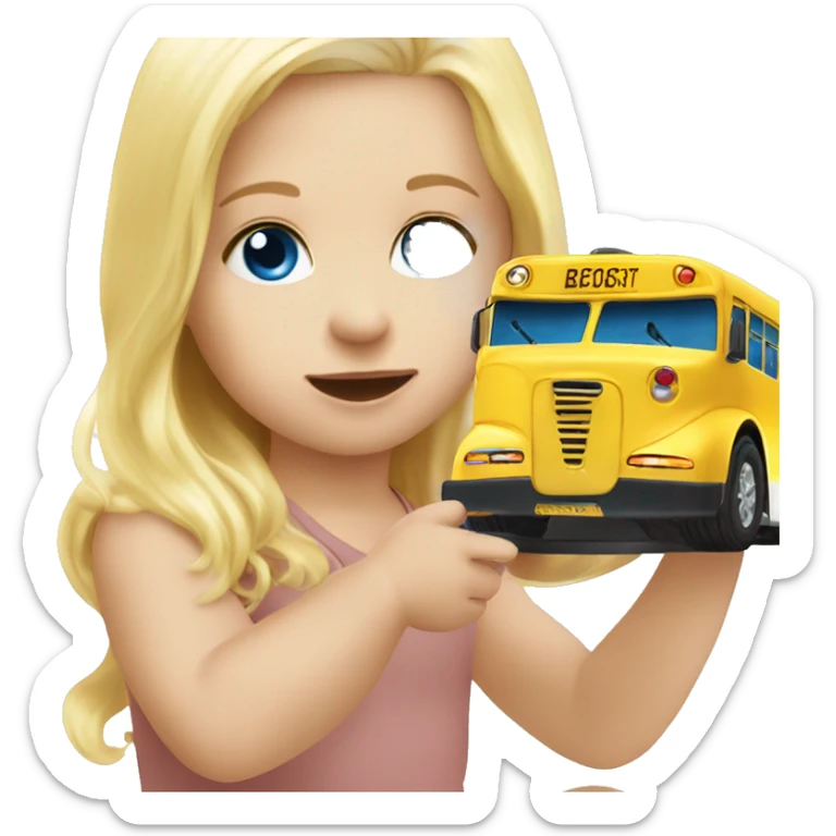Baby Blonde hair blue eye baby playing with small toy bus sticker