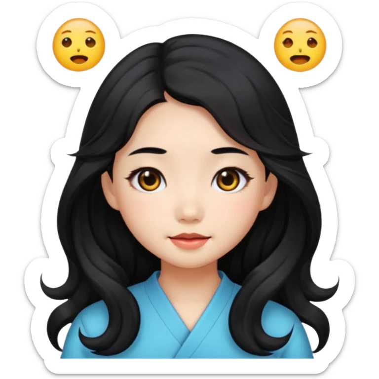 cute Chinese girl, black eyes, long wavy black hair, emoji style sticker