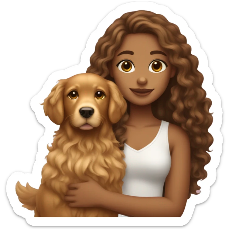 Tan skinned girl with  long brown curly hair with a golden retriever puppy sticker
