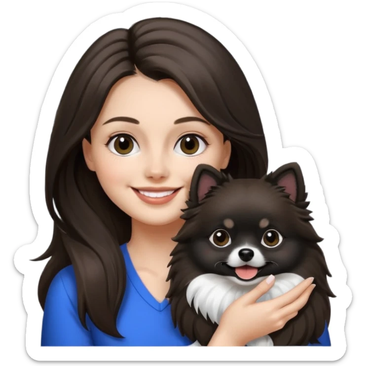 A woman who has brunette long hair is holding a black and white 1 Pomeranian dog who has black face but in the middle he has a white line from the nose sticker
