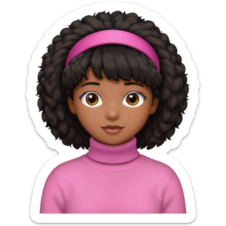 black fluffy haired girl with pink turtleneck sweater and hair band sticker