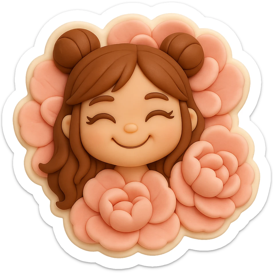 Create a high-quality 3D chibi fondant cake art style rendering of a girl based on the reference image. Preserve the facial features and eye shape exactly as in the reference. She has long brown hair styled in two space buns and brown eyes. The image should have a thick white outline like a sticker and a transparent background. The girl's happy head (as in the third variant) is nestled in a wall of huge soft pink peonies (as in the second variant), with petals overlapping her hair. The expression is joyful and smiling, matching the reference face, hairstyle, and eye shape exactly. sticker