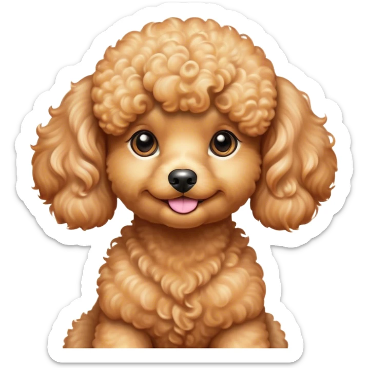 Cinematic Cute Apricot Poodle Portrait Emoji, Head tilted playfully and inquisitively, showcasing a bouncy, curly apricot Fur with a luminous sheen, round, sparkling warm eyes filled with curiosity, Simplified yet irresistibly adorable features, highly detailed, glowing with a warm, friendly glow, high shine, affectionate and lively, stylized with a touch of whimsy, bright and endearing, soft glowing outline, capturing the essence of a mischievous yet loving companion, so playful it feels like it could bounce out of the screen and into your arms! sticker