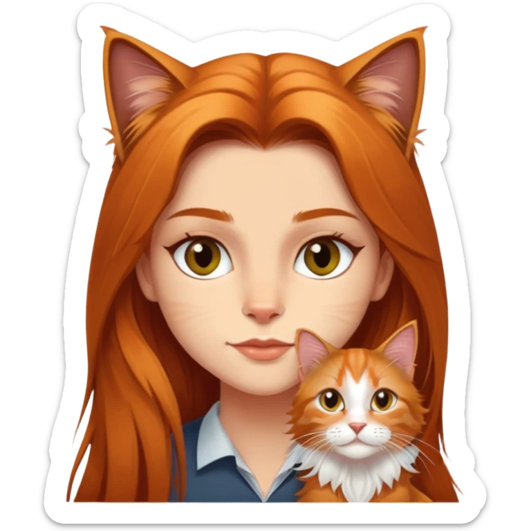Une fille au cheveux long lisse et noir portant un chat type Maine coon de couleur roux  sticker