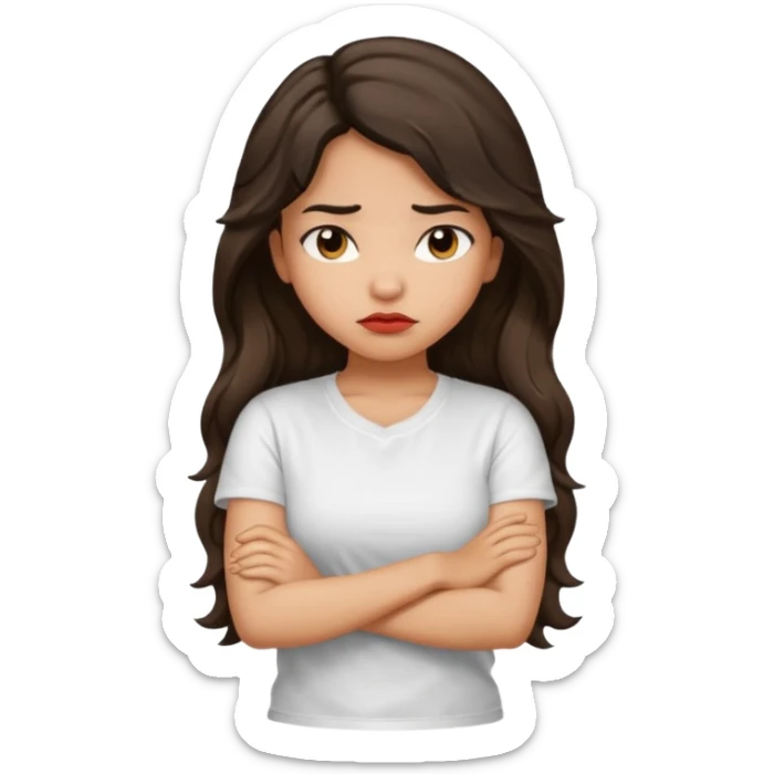 Hispanic light tan girl with long dark wavy hair with arms folded and pouting sticker