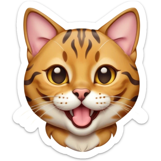Cinematic Cute Bengal Cat Portrait Emoji, Head tilted playfully and yawning, sleek spotted brown and gold tones, Simplified yet adorable features, highly detailed, glowing with a warm, friendly glow, high shine, curious and affectionate, stylized with a touch of whimsy, bright and alert, soft glowing outline, capturing the essence of a mischievous yet loving kitten, so endearing it feels like it could leap out of the screen and stretch! sticker