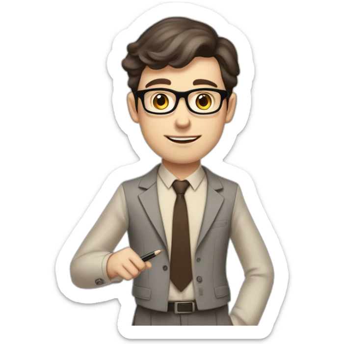 Pale skinned fit man with dark brown hair in gray jacket, beige office shirt, brown tie, brown pants and vintage glasses Writing on the flipchart sticker