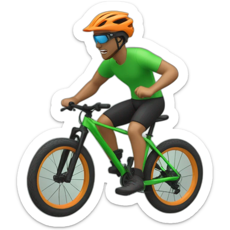 mountain biker with a green bicycle, black pants, and orange t-shirt, running at high speed sticker