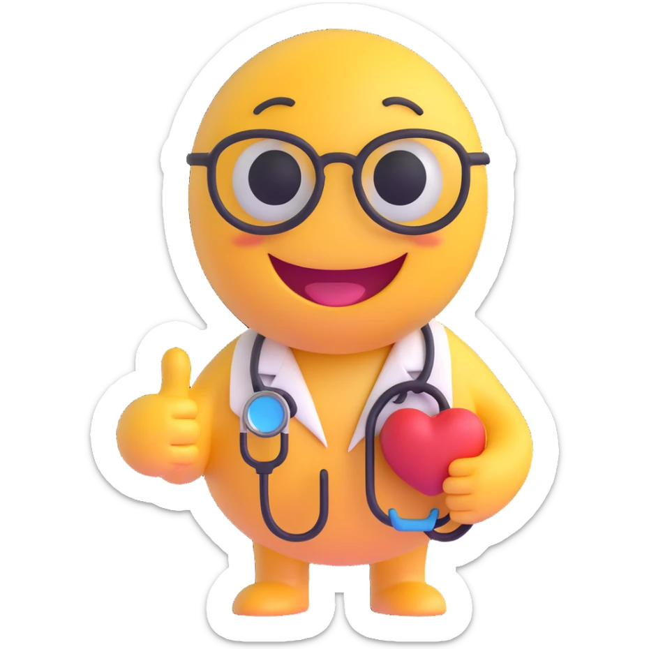 3D smiley emoji, round shape, veterinarian: with stethoscope and small animal, funny face sticker