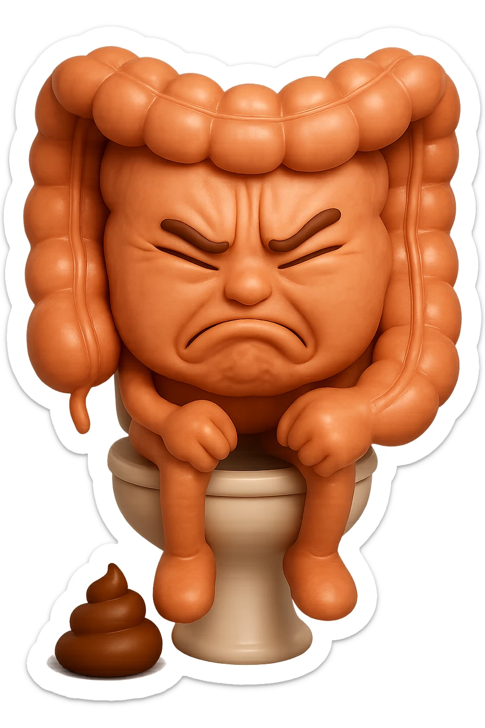 SU QUESTO STILE FAI UN EMOJI STILE IPHONE 3D DI UN INTESTINO CHE sta seduto sul wc e davanti ha una montagnetta di feci a palline stile emoji iphone, fallo senza naso e FAGLI UN ESPRESSIONE di dolore mentre si sforza E FALLO MOLTO REALISTICO IN 3D sticker