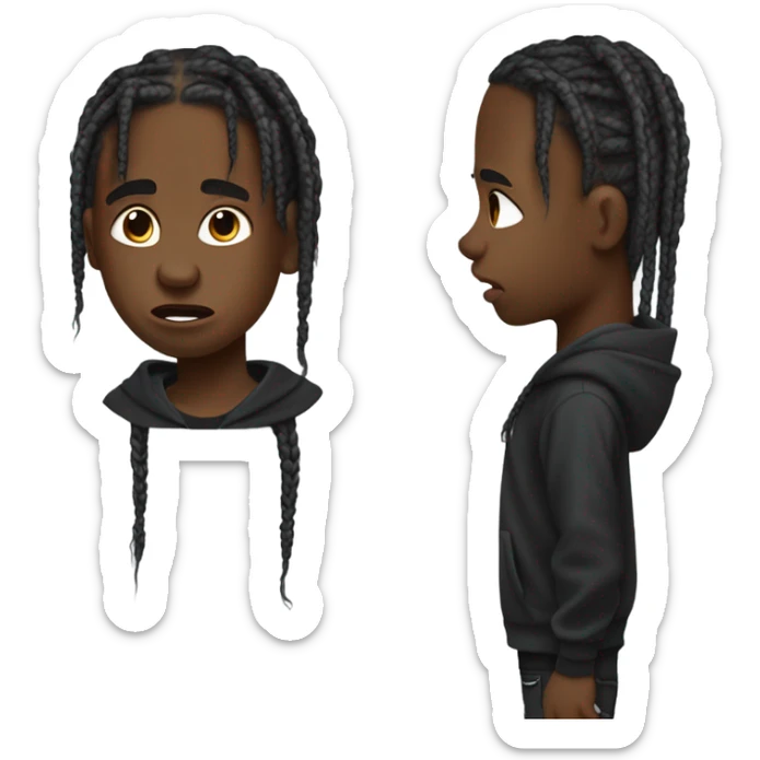 A black kid with Travis Scott braids and has more of a middle skin tone and is wearing a black hoodie and gray pants and black shorts wwho just got rejected  sticker