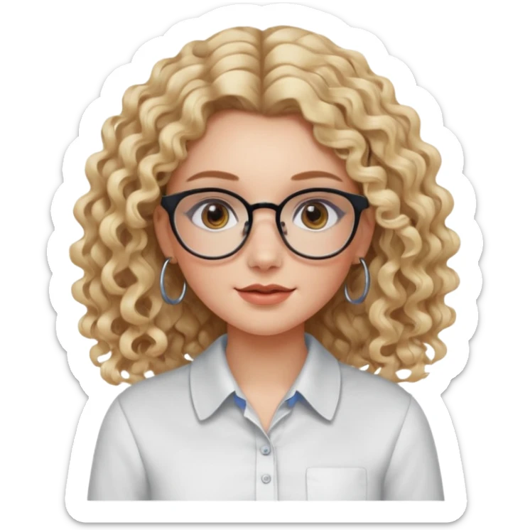 cute white girl with not volominous VERY LONG blonde curly hair with balayage, brown eyes, full lips, natural clean girl makeup and hoop earrings and square glasses, collared shirt sticker