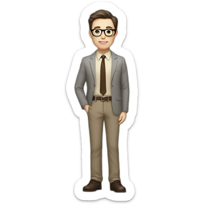 Full height Pale skinned fit man with dark brown hair in gray jacket, beige office shirt, brown tie, brown pants and vintage glasses. His right hand stretched out sticker