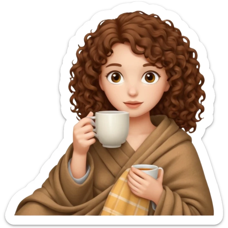 Brown hair Girl with curly hair drinking tea, with a cozy nude blanket sticker
