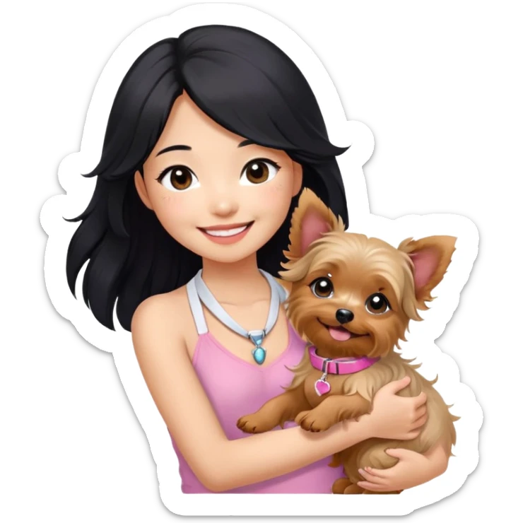 A pretty Asian girl with long, luscious wavy black hair (loose, no hair tie), wearing a cute white sleeveless halter top. She’s smiling warmly while holding a small Yorkshire Terrier in her arms. the dog is wearing a pink collar.  sticker