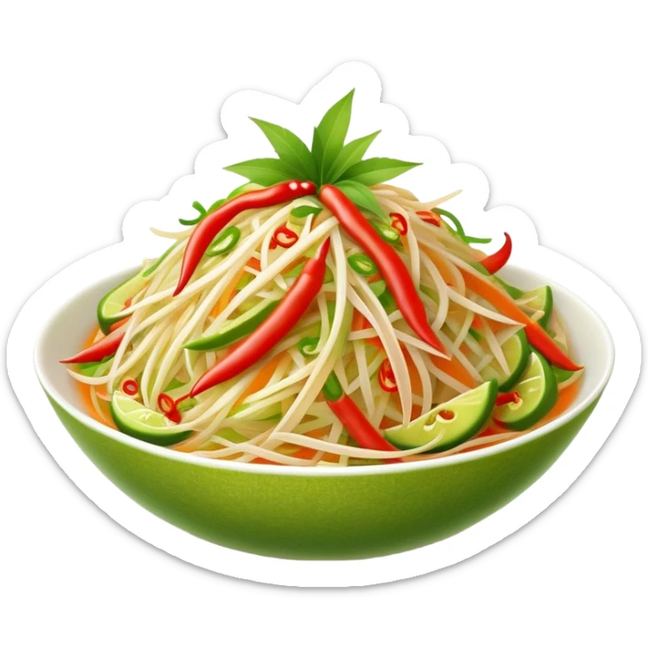 Cinematic Realistic Som Tam (Papaya Salad) Dish Emoji, featuring a spicy, tangy salad of shredded green papaya with chili and lime rendered with crisp textures and bright, lively lighting. sticker