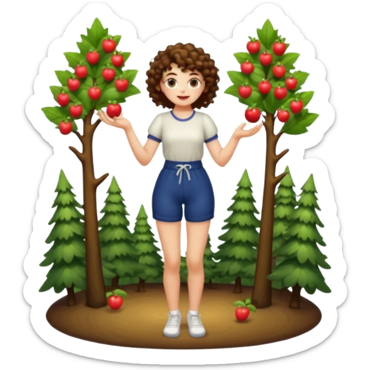full body woman short curly brown mullet hair brown eyes white skin juggling glowing forest fruits sticker