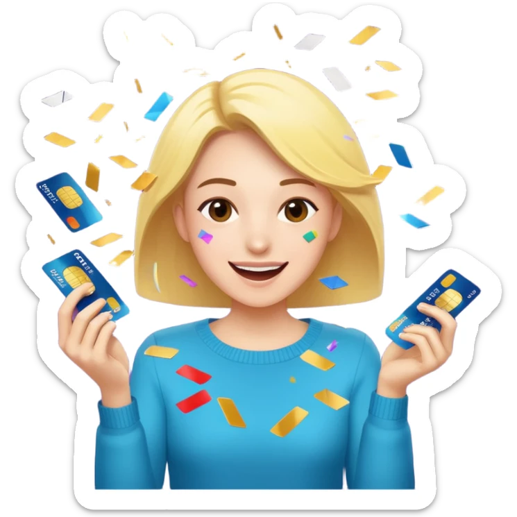 A joyful person cutting up credit cards as they turn into flying confetti emoji sticker