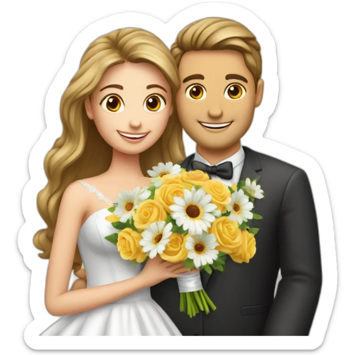 crée un emoji avec un personnage yeux festif et un énorme bouquet de fleur de mariage sticker