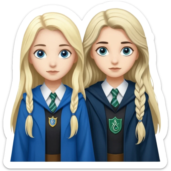a pretty ravenclaw girl with long dark brown hair and blue eyes standing with a pretty Slytherin girl with long blonde hair, blue eyes sticker