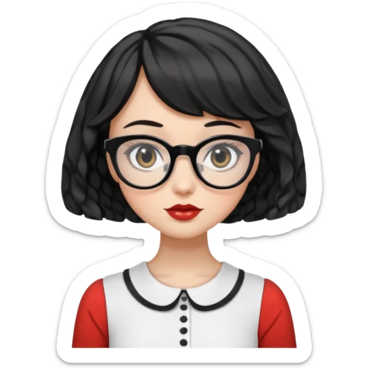 female character with black wavy French bob hair, black round eyes, white square eyeglasses, peplum top sticker