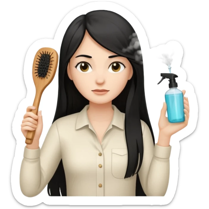 A white woman with long, straight black hair, wearing an ivory-colored shirt, holding a small square wooden paddle hairbrush in her left hand and spraying a hair mist bottle with her right hand toward her hair. sticker