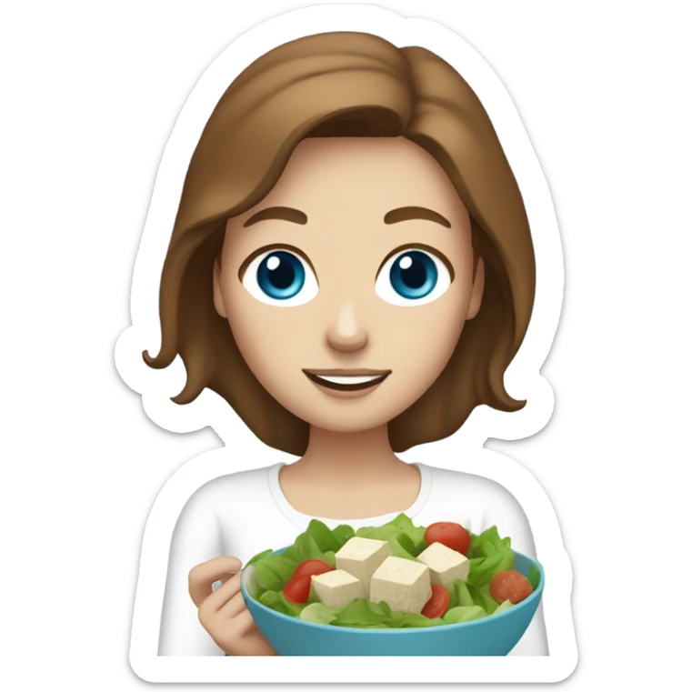 White girl Brown hair blue eyes freackles eating Tofu salad sticker