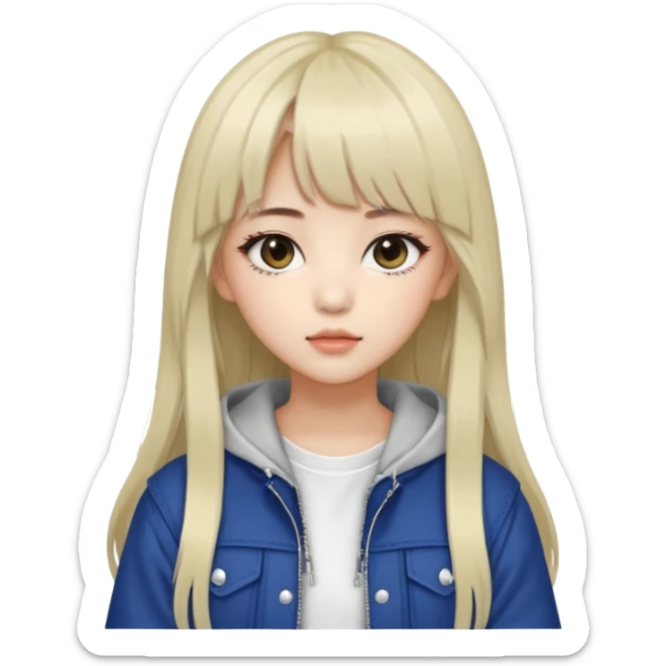 Portrait of a young female K-pop idol, wearing a stylish streetwear outfit with layered clothing, long hair with bangs, cool face sticker