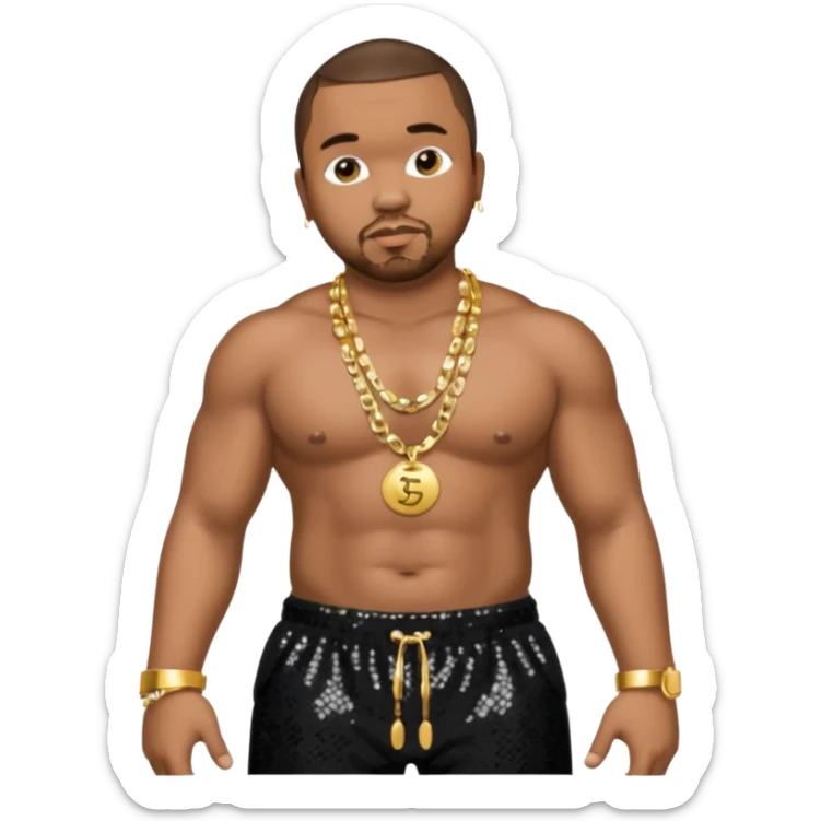Timbaland with dark brown hair, black sequin baggy pants, shirtless with necklace sticker