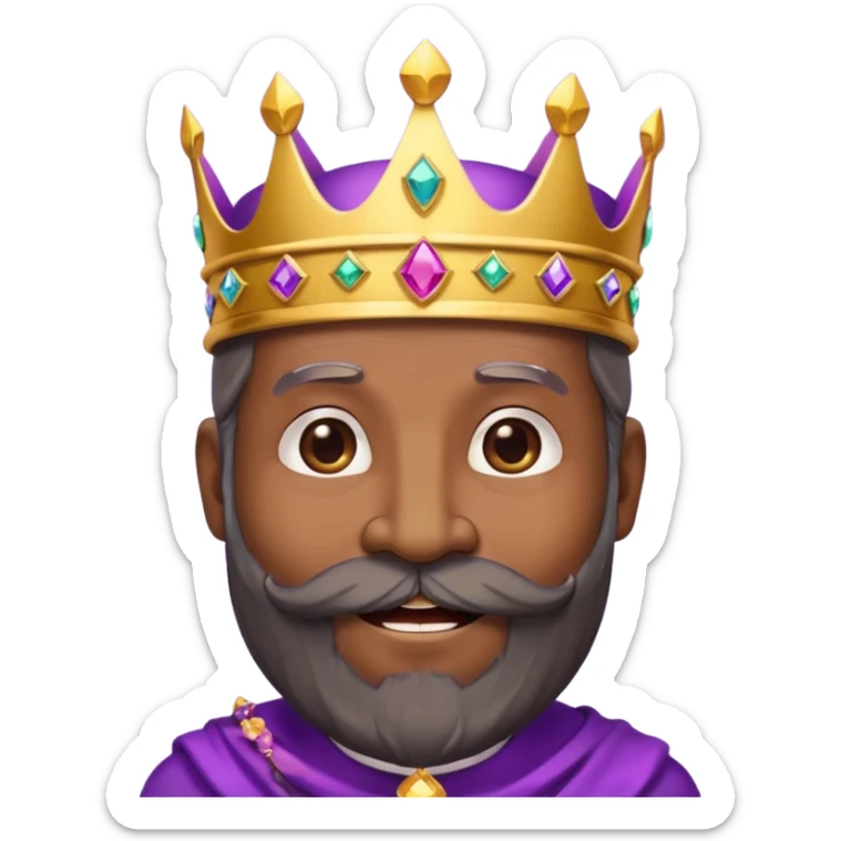 Create a cartoon-style emoji of Baltasar, one of the Three Wise Men. Only show his face and crown. He is older, with dark skin and a full black beard, joyful wrinkles, and a purple and gold jeweled crown. Express warmth, wisdom, and friendliness. Colorful and simple, suitable as an emoji. sticker