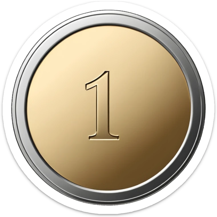 Emoji icon of a metal coin with engraved number 1, minimalist style, isolated, only metal color sticker
