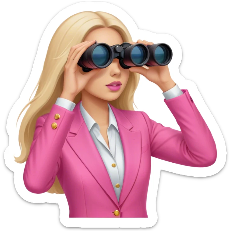 futuristic-looking woman with long hair in an intensive color pink suit looking through binoculars sticker