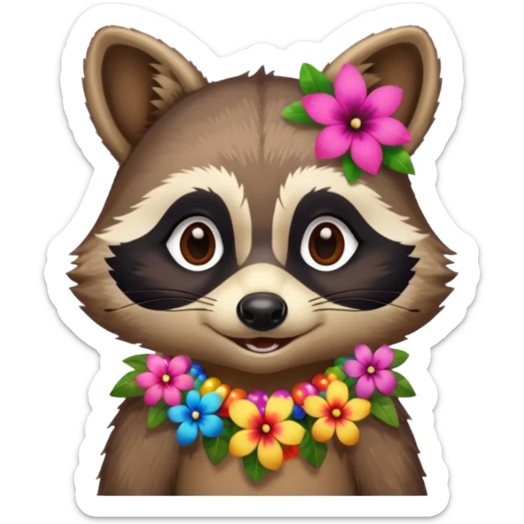 A playful raccoon wearing a hawaiian flower necklace, looking festive. sticker