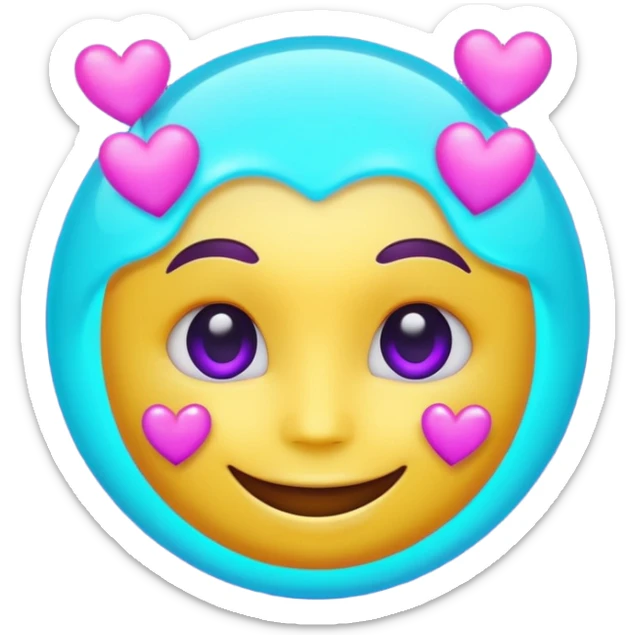 futuristic glowing emoji face smiling with floating neon hearts, purple and cyan holographic light, dark background sticker