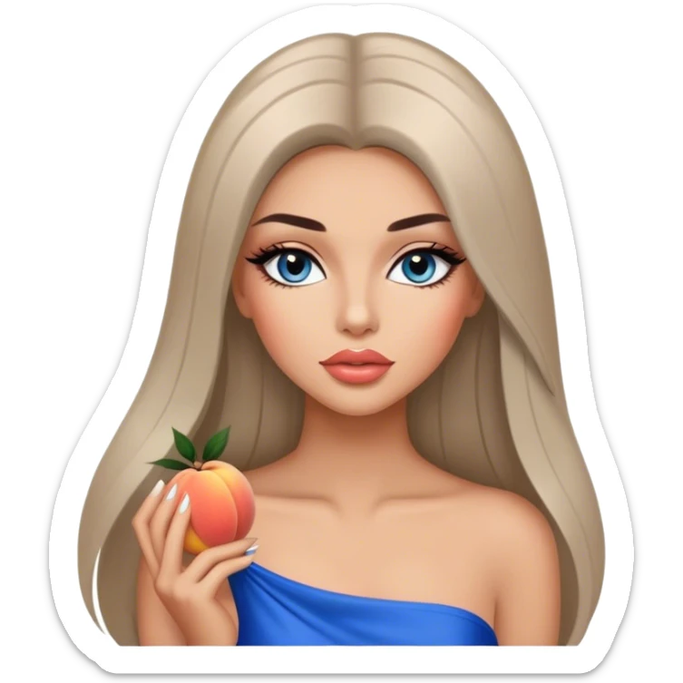 Glamours, tanned, very beautiful girl, with big pump peach-beige-rose lips, long long lashes, black straight smooth silky long hair, straight parting hair, blue-grey eyes sticker