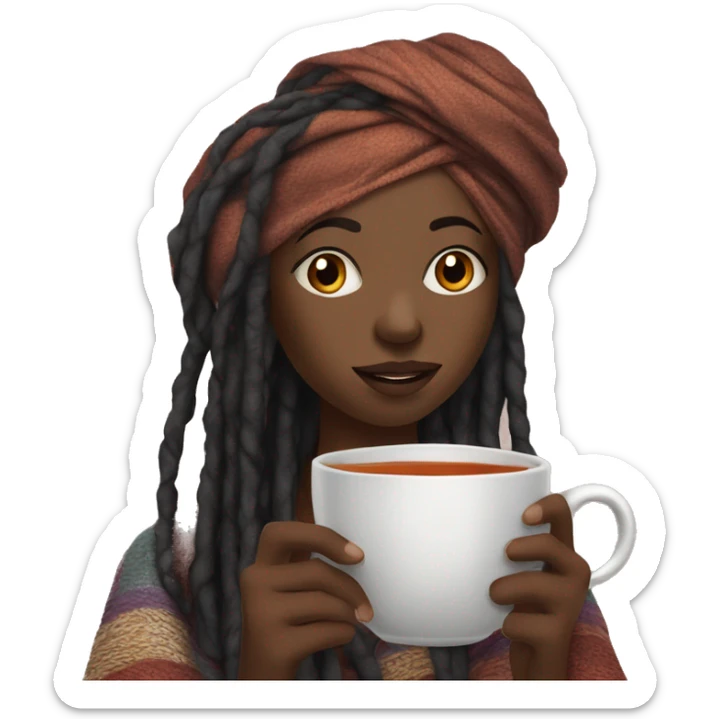 Black girl with long dreadlocks wrapped in a turban sipping on hot tea with blanket sticker