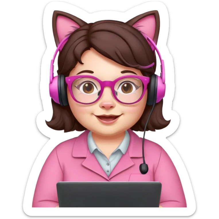 happy chubby English teacher face, pink cat glasses, wavy dark brown hair, online class setting sticker